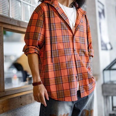 Maden Men's Casual Checked Sweatshirt-style Orange Retro Hooded Loose Long-sleeved Shirt with Single-breasted Buttons for Spring