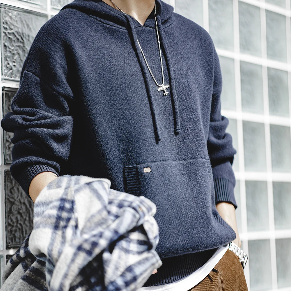 Maden Navy Blue Knitted Hoodie Heavyweight Hooded Knit Pullover Casual Men's Blended Sweater Thickened Outwear Cityboy Workwear