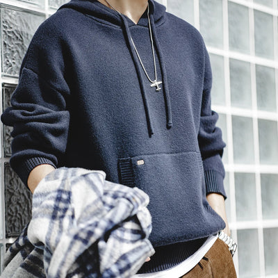 Maden Navy Blue Knitted Hoodie Heavyweight Hooded Knit Pullover Casual Men's Blended Sweater Thickened Outwear Cityboy Workwear