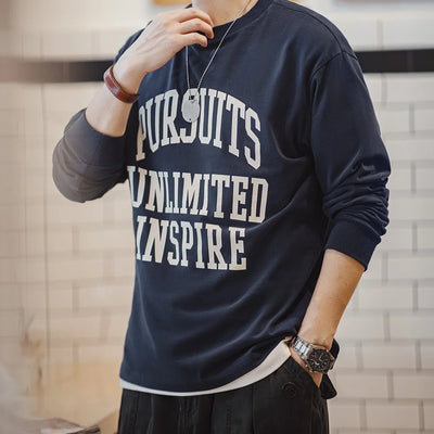 Maden Casual Letter Cotton Long-sleeved T-shirt Round-neck Inner Layer Bottoming Pullover Versatile Top for Men Spring and Fall
