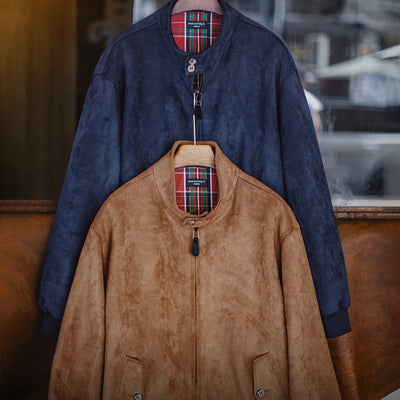 Maden Vintage Men's Suede Jackets Zippered Stand Collar Windbreaker with Tartan Lining Warm Coat for Autumn Winter Streetwear