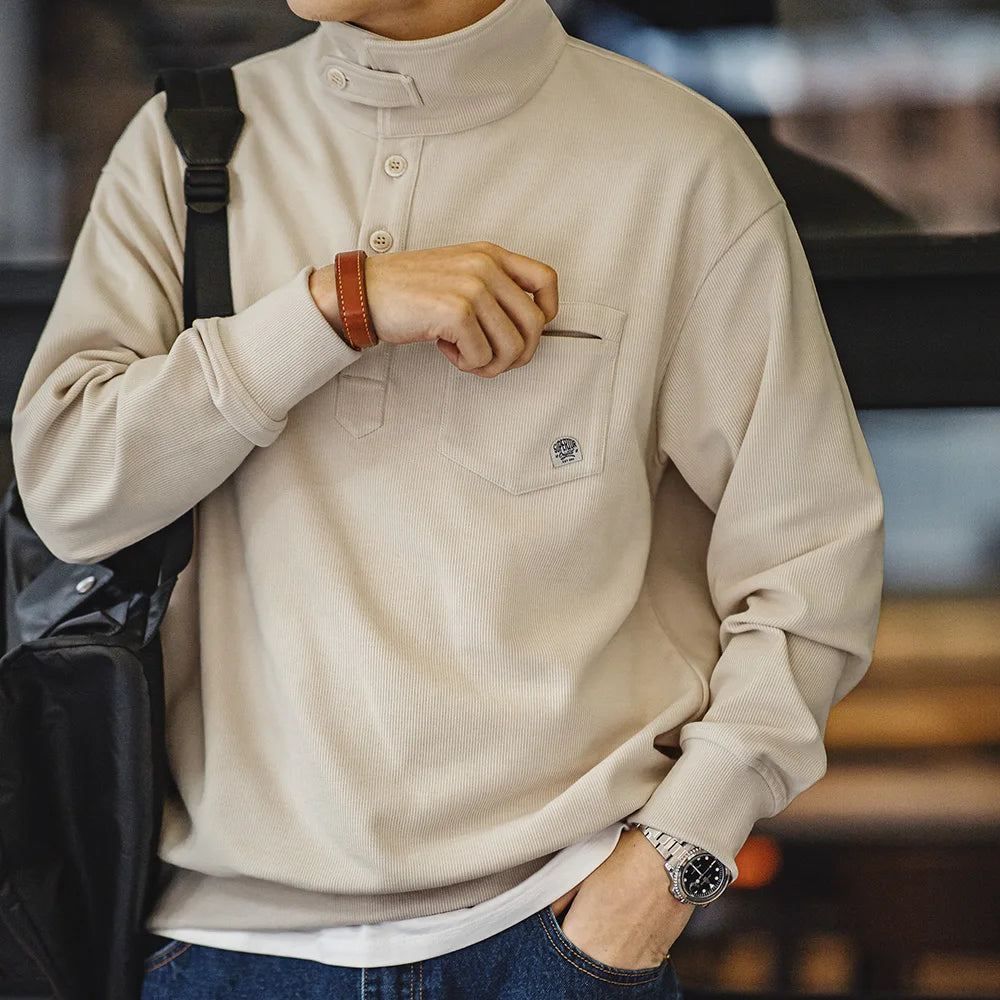 Maden Men's Half-Placket Sweatshirt American Retro Casual Polo Collar Shirt Cozy Style Lapel Pullover for Men Spring and Autumn
