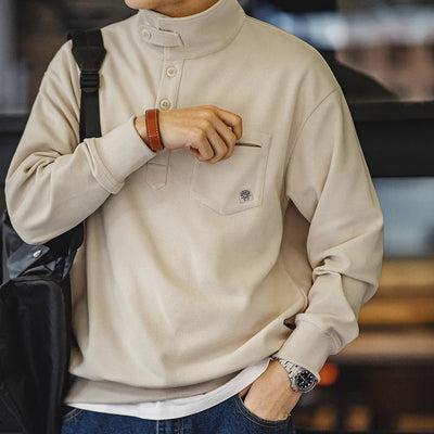 Maden Men's Half-Placket Sweatshirt American Retro Casual Polo Collar Shirt Cozy Style Lapel Pullover for Men Spring and Autumn