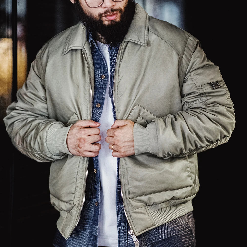 Maden Retro CWU-45P Pilot Jacket Grayish Green Warm Cotton-padded Coat Lapel Versatile Jackets Men's Autumn and Winter Outerwear
