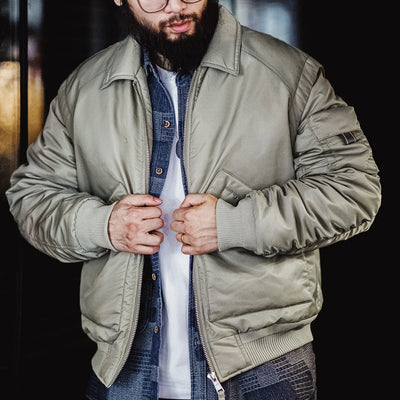 Maden Retro CWU-45P Pilot Jacket Grayish Green Warm Cotton-padded Coat Lapel Versatile Jackets Men's Autumn and Winter Outerwear