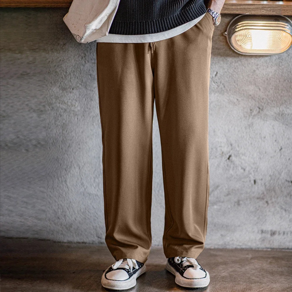 Maden Easypants Casual Pants Iron-free Anti-wrinkle Loose Straight Fit Solid Elastic Waistband with Pocket Design, Trousers