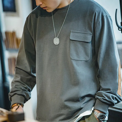 Maden Vintage Long-Sleeve T-Shirt with Suede Elbow Patches and Pocket Loose Fit Crew Neck Cotton Sweatshirt for Men's Autumn Top