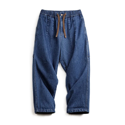 Maden Retro Heavyweight Washed Logging Jeans Loose with Pockets Elastic Waist Drawstring Design Solid Color Casual Trousers