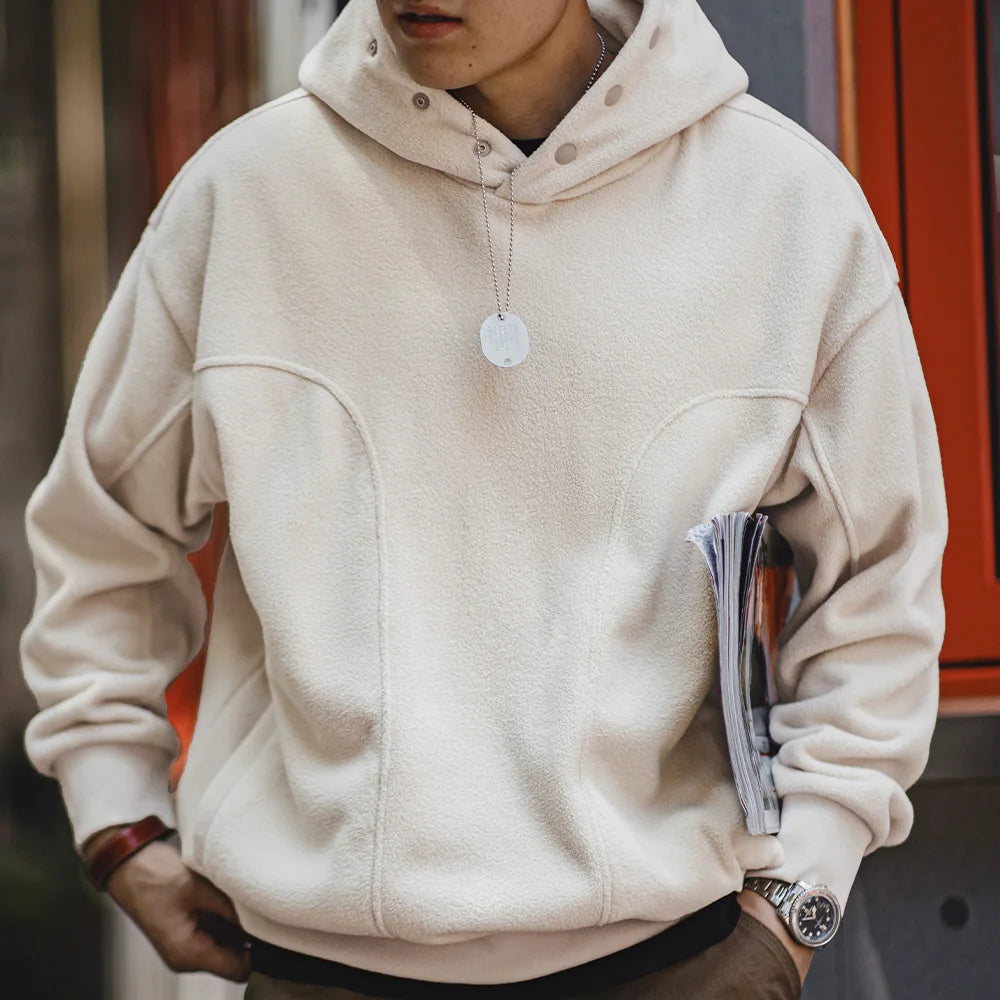 Maden Casual Double-sided Polar Fleece Hooded Sweatshirt with Button Thickened Warm Pullover for Men's Autumn and Winter Hoodie