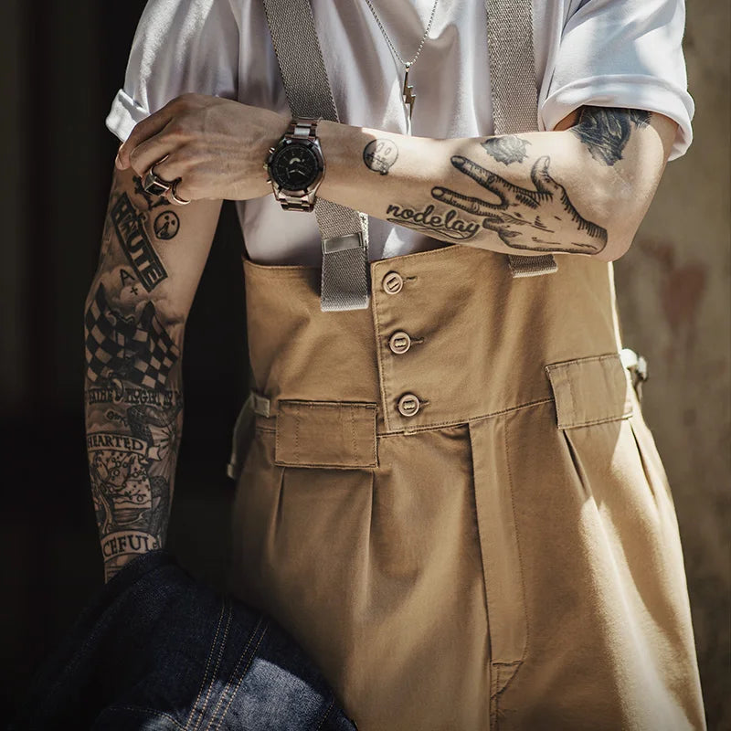 Maden Men's Vintage Heavyweight Khaki Overalls Loose Fit Jumpsuit with Wide Leg Adjustable Straps Workwear Pants for Spring Fall
