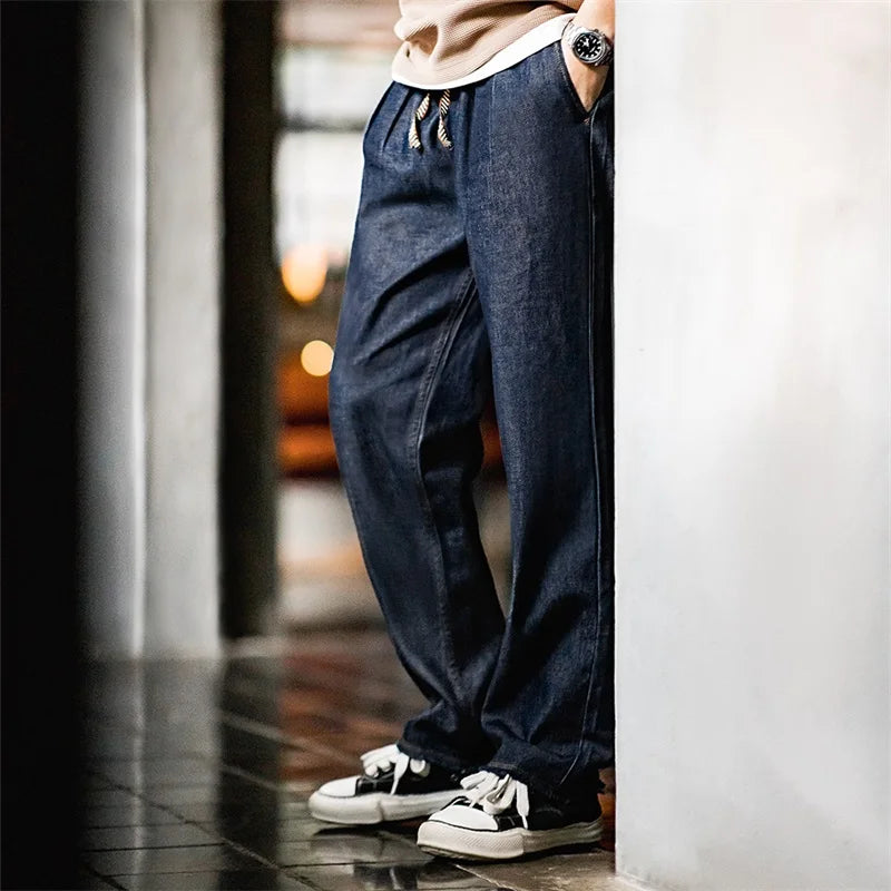 Maden Casual Lyocell Cool Comfort Jeans Men's Spring and Fall Washed Denim Relaxed Fit Trousers with Elastic Waist Vintage Pants