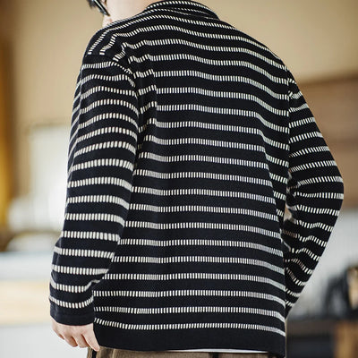Maden Knitted Striped Polo Sweater Blended Knit Lapel Pullover Men's Casual Color Collision Jumper Black American Workwear Tops