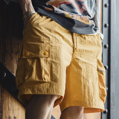 Maden Outdoor Yellow Cargo Shorts Men's Summer Quick-Dry Lightweight Sports Shorts with Drawstring Waist Multi-Pocket Bottoms