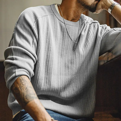 Maden Men's Vintage Striped Cotton Knitted Sweater Gray Long Sleeve Patchwork Pullover Casual Knitwear Tops for Fall Spring