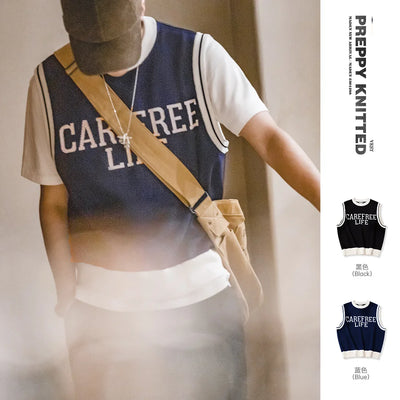 Maden Round-neck Casual Knitted Vest for Men Academy Style Spring and Autumn Streetwear Sleeveless Vest Letter Printed Pullover