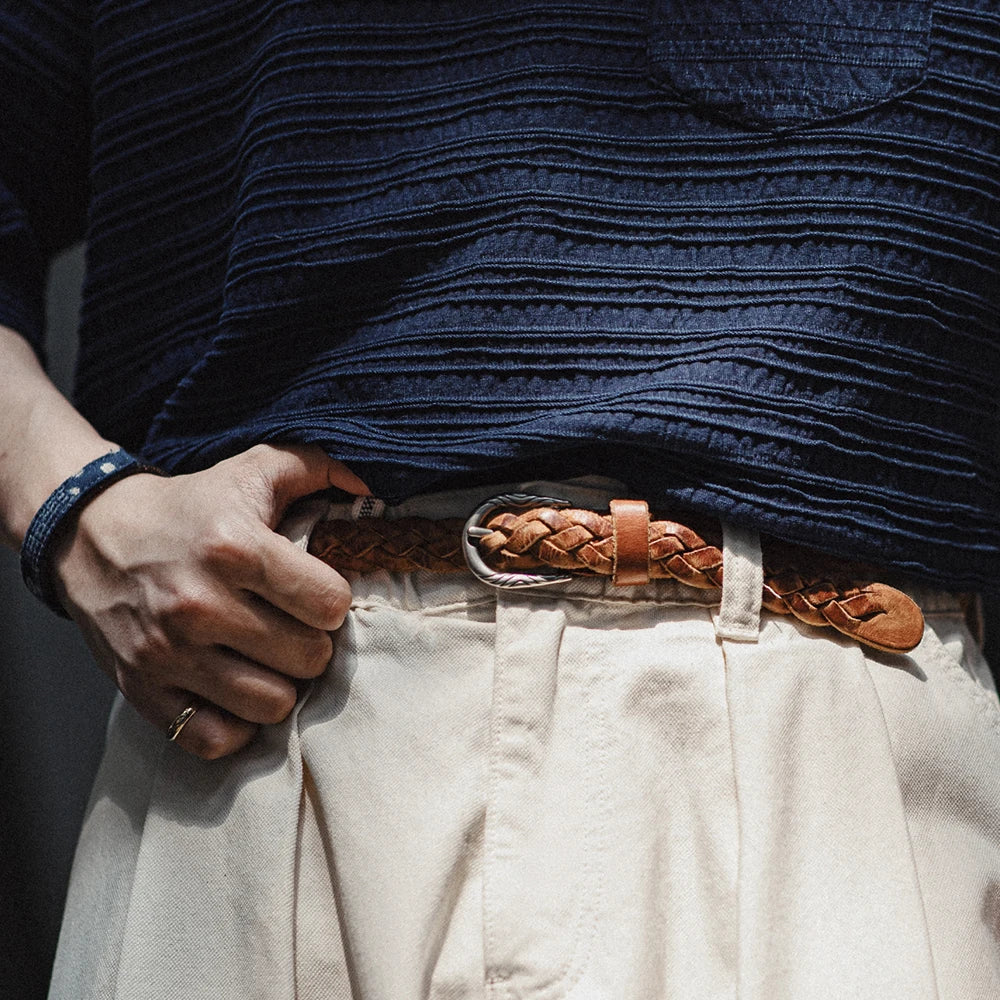 Maden Vintage Belt Woven Vegetable Tanned Cowhide Leather Belt Accessories with Two-layer Cowhide for Men's Versatile Brown Belt
