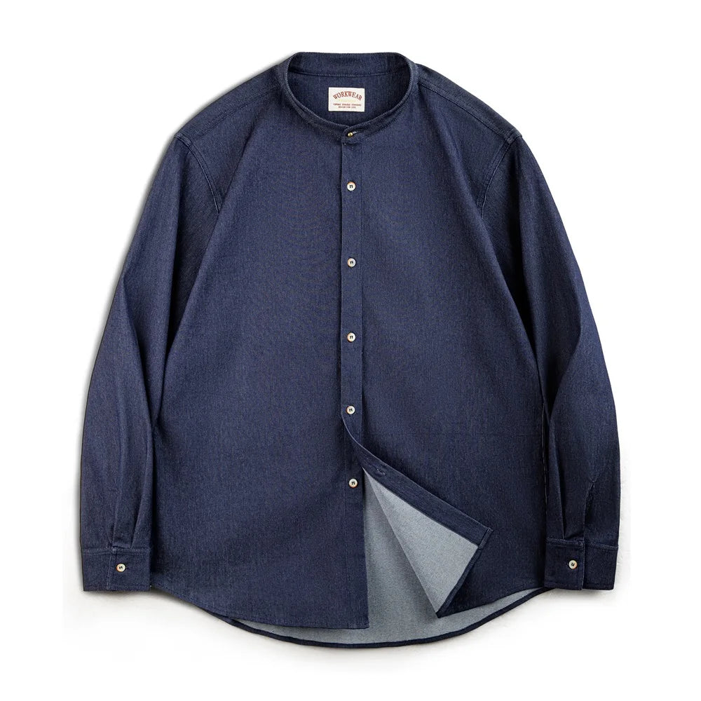 Maden Retro Cool Ice Silk Denim Shirt with Washed Round Neck Casual Solid Color Long-sleeved Shirt for Men's Autumn