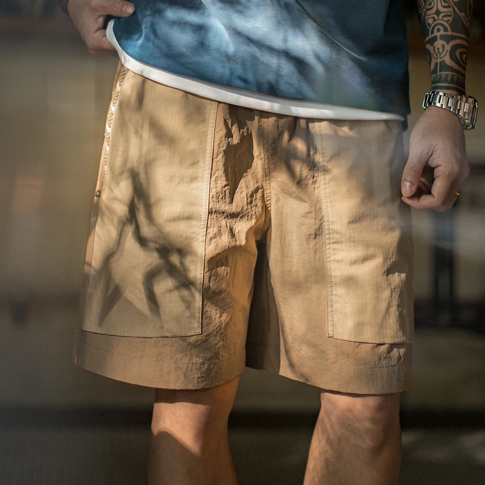 Maden Outdoor Quick-Dry Khaki Cargo Shorts Men's Summer Lightweight Woven Straight Leg Beach Pants Elastic Waist Pocket Shorts