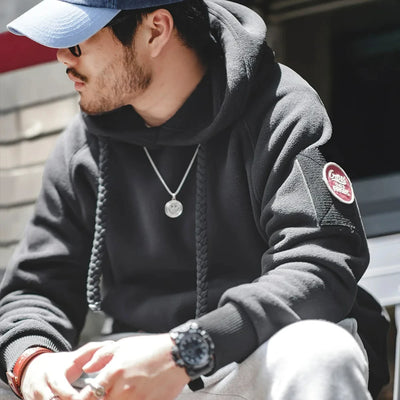 Maden 2024 Autumn Winter Casual Heavyweight Hoodie Men's Black Versatile Thickened Fleece Pullover Loose Warm Hooded Sweatshirt