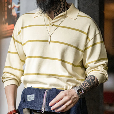 Maden Casual Striped Knitted Polo Shirt Contrast Color Turn-down Collar Half-open Placket Loose Fit Long-sleeved T-shirt for Men