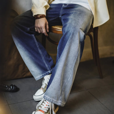 Maden Men's Washed Gradient Blue Jeans Cleanfit Straight-Leg Twill Denim Pants Zip Fly Casual Trousers for Spring Autumn