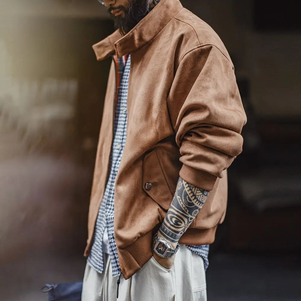 Maden Vintage Men's Suede Jackets Zippered Stand Collar Windbreaker with Tartan Lining Warm Coat for Autumn Winter Streetwear