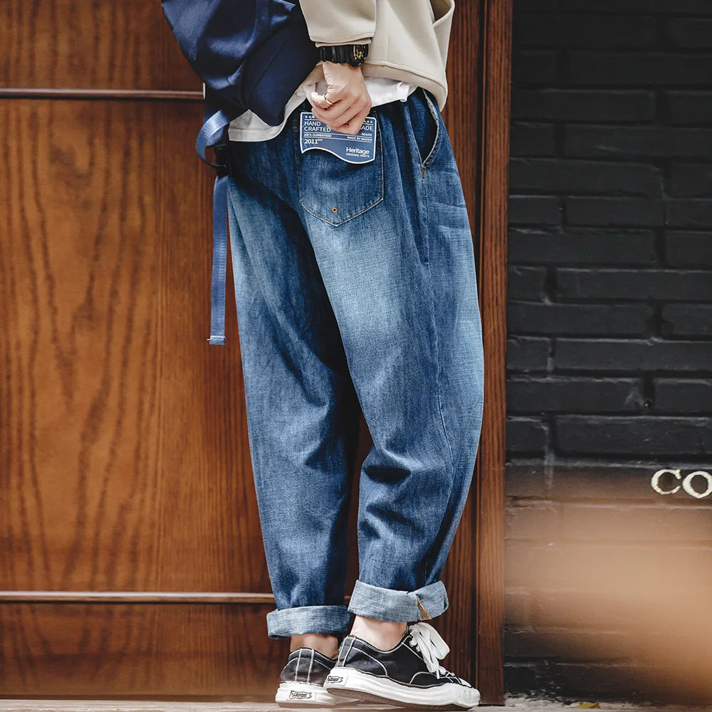 Maden Men Loose Casual Jeans 7.8OZ Washed Denim Mid Rise Stretchless Wide Leg Straight Pants Hombre Blue Jeans Plus Size