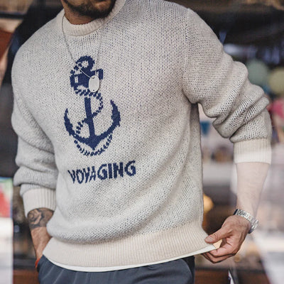 Maden Retro Knitted Printed Sweater Versatile Warm Ribbed Round Neck Pullover for Men's Autumn and Winter Base Layer Tops