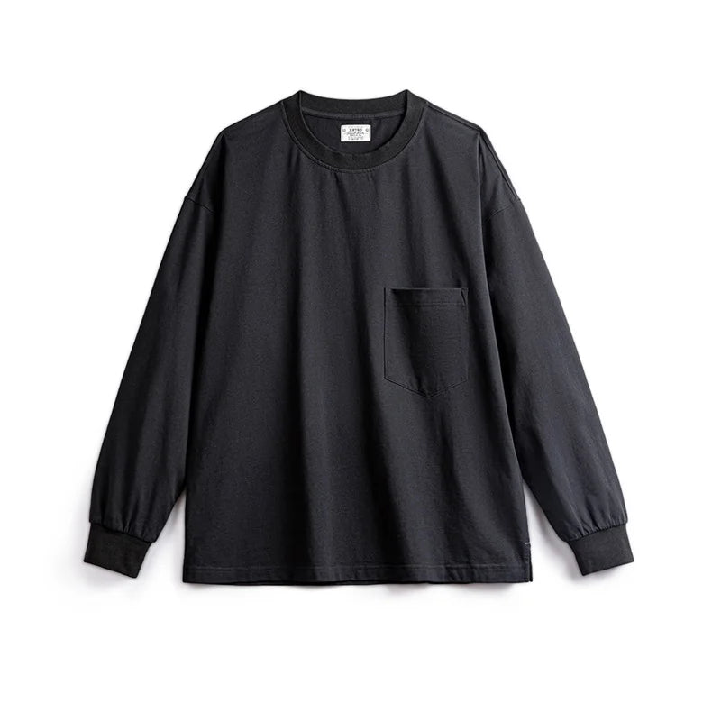 Maden Casual Solid Color with Pocket Design Long-sleeved T-shirt Round Neck Cityboy Loose Cotton Inner Layering Shirt for Men