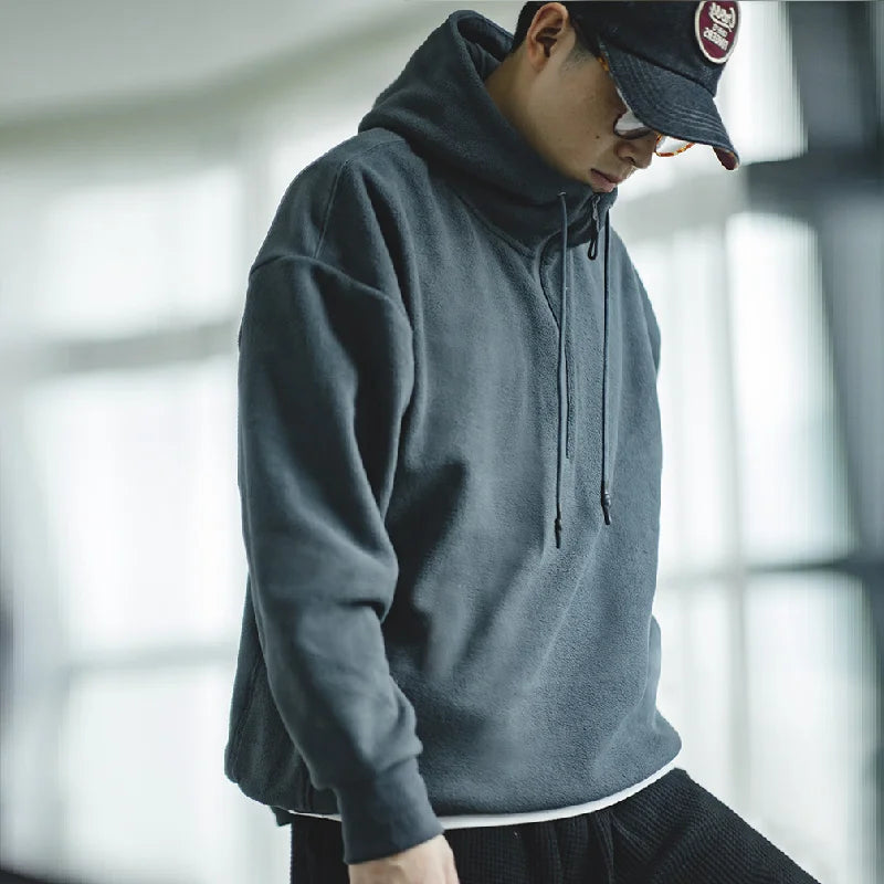 Maden Double-sided Polar Fleece Sweatshirt for Men Thickened Warm Hoodies  Autumn and Winter Solid Color Straight-fit Outerwear