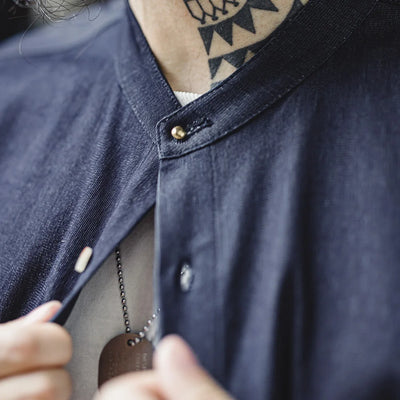 Maden Retro Cool Ice Silk Denim Shirt with Washed Round Neck Casual Solid Color Long-sleeved Shirt for Men's Autumn
