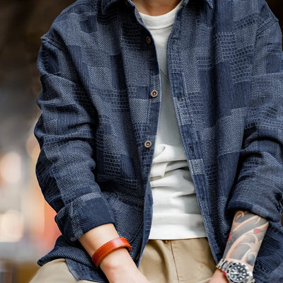 Maden Retro Boro Cloth Denim Shirts with Lapel Collar Patchwork Design Long-sleeved Shirt for Men's Spring and Autumn Tops