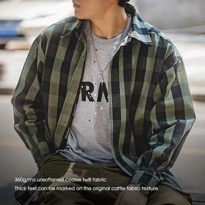 Maden Harajuku Plaid Men's Shirts Retro 360G Heavy High Quality Casual Single Breasted Loose Long-sleeved Turn-down Collar Shirt
