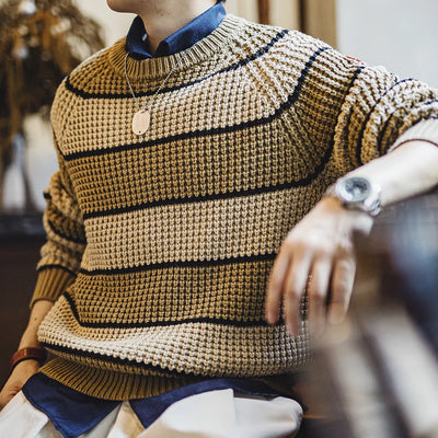 Maden Retro Striped Knitted Sweater with Round Neck Versatile Pullover for Men's Autumn and Winter Warm Knitted Casual Tops