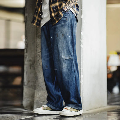 Maden Retro Cotton Jeans Distressed Loose Straight Denim Jeans with Splash Design for Men's Autumn Zipper Access Control Pants