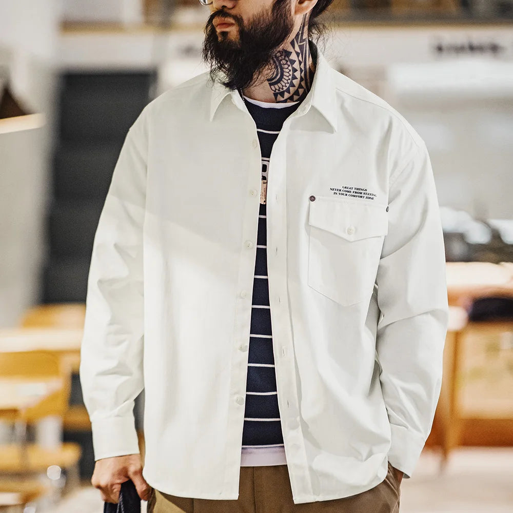 Maden Casual Herringbone Long-Sleeved Shirt with Letter Print Lapel Collar White Blouse for Men's Fall and Winter All-Match Tops