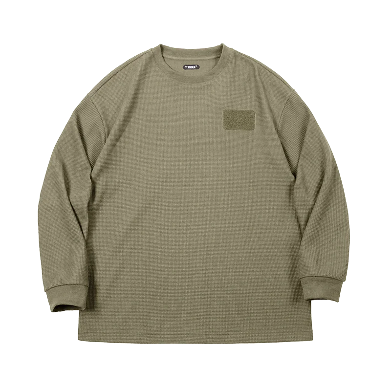 Maden Drop Shoulder Sleeve Waffle T-shirts for Men Casual Round Collar Versatile Layering Sweatshirt Male Long-sleeved Tees