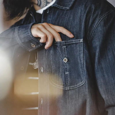 Maden Vintage Washed Denim Long-sleeved Shirt with Large Pocket Single-breasted Loose Lapel Blouses for Men's Autumn Tops
