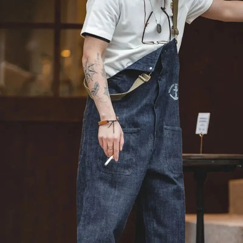 Maden Workwear American Vintage Deck Strap Pants Spring and Autumn Wash Denim Red Ear Straight Leg Jeans Men's Fashion