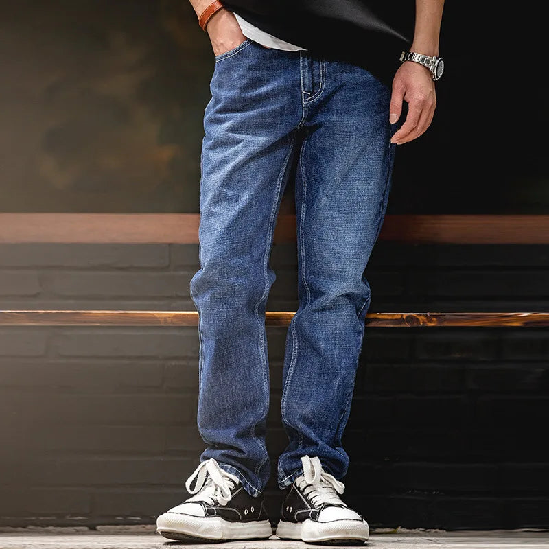 Maden Workwear American Retro Heavyweight Paris Button Denim Wash Straight Leg Jeans Mid Waist Long Pants Men's Autumn
