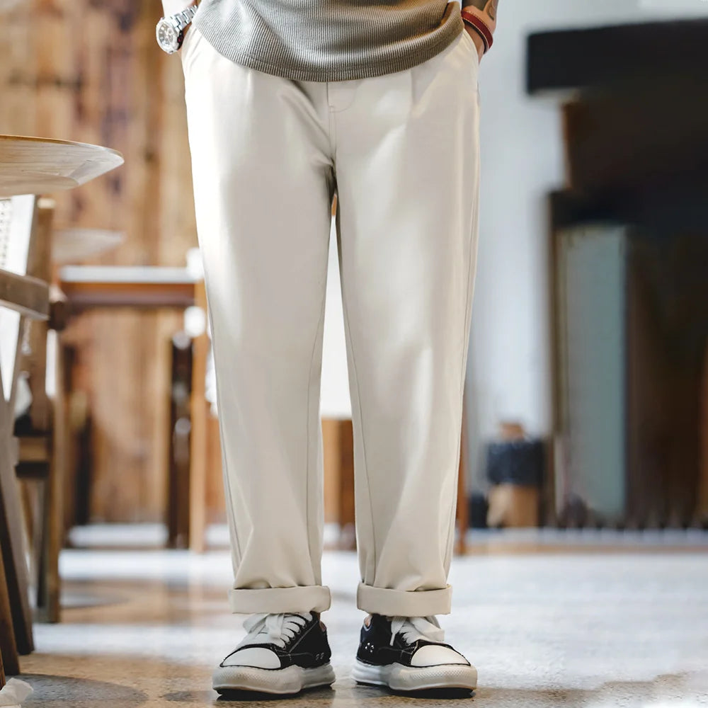 Maden Vintage Gentleman Naples Pants Korea Fashion Casual  Paris Button Straight Wide Trousers 100% Cotton Solid Work Suit Pants
