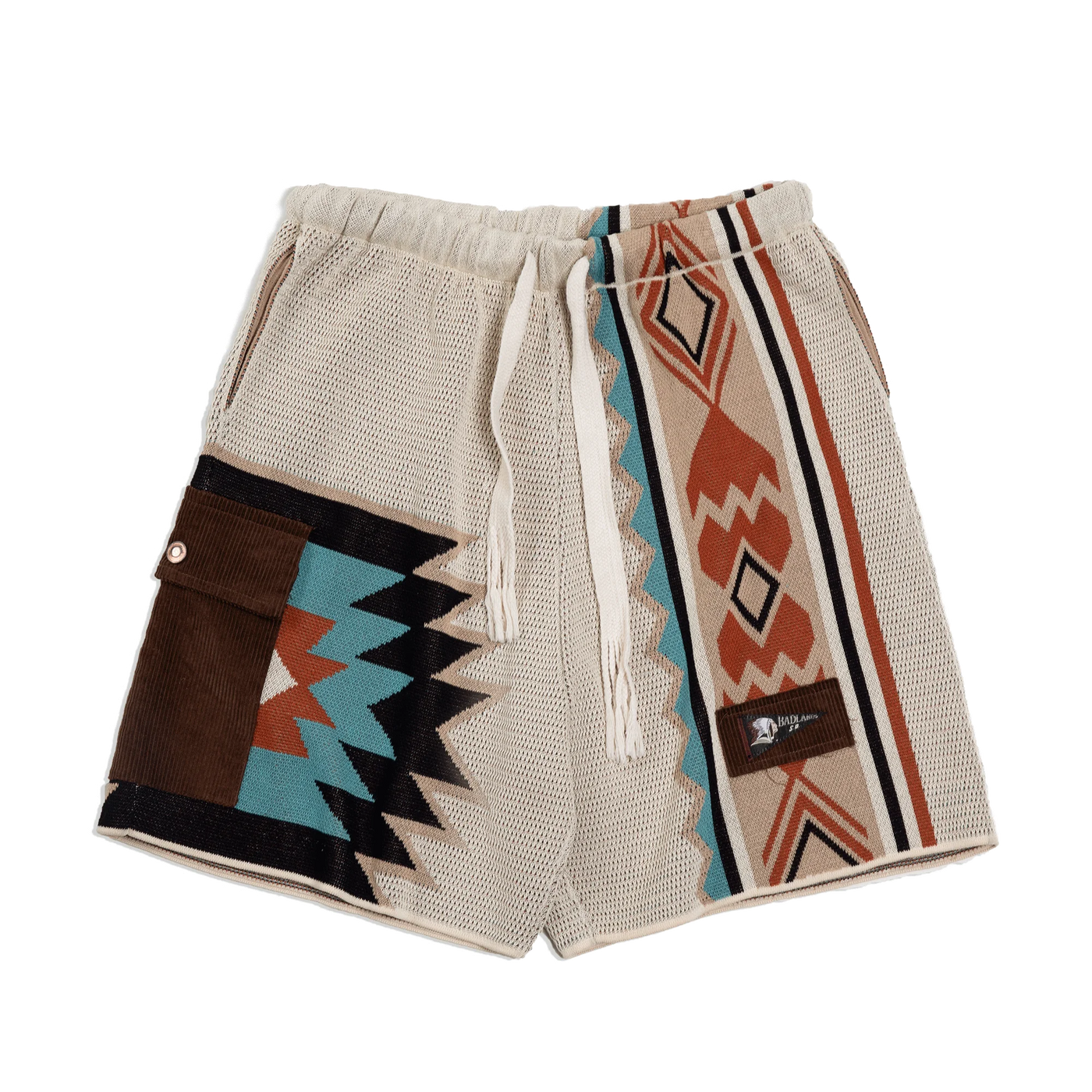Maden Navajo Totem Knitted Shorts Men's  Elastic Waist Casual Shorts with Corduroy Pocket Summer Beach Breathable Short Pants