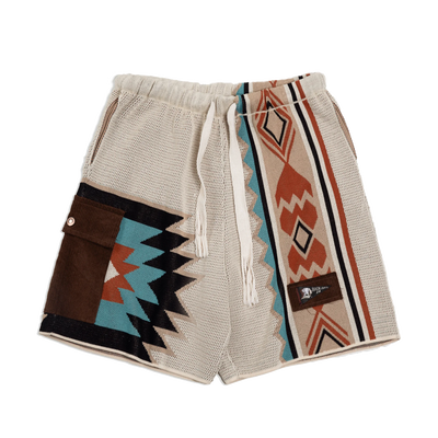 Maden Navajo Totem Knitted Shorts Men's  Elastic Waist Casual Shorts with Corduroy Pocket Summer Beach Breathable Short Pants