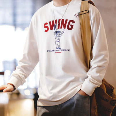 Maden Men's Three-dimensional Embroidered Baseball Pattern Long-sleeved T-shirts Crew Neck Cotton Bottom Shirts Autumn Tees