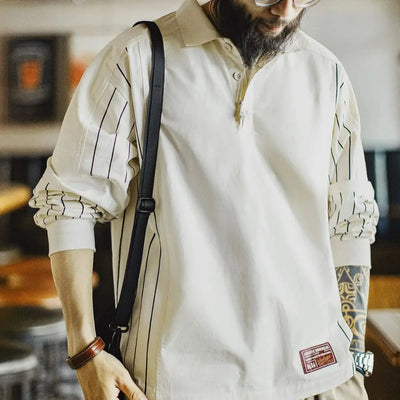 Maden Vintage Men's Baseball Print Polo Letter Embroidered Long Sleeve Shirt Cotton Beige Pullover for Spring and Fall Hoodie