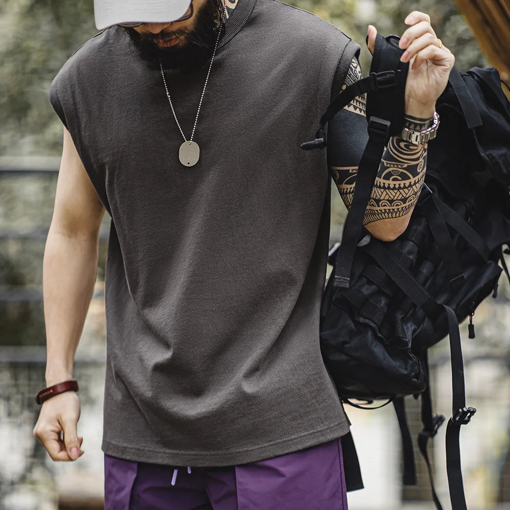 Maden Heavyweight Knitted Broad Shoulder Vest Sports Cotton Solid Sleeveless T-shirt for Men's Summer Tops Tee