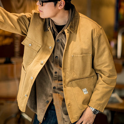 Maden Vintage Heavyweight Michigan Chore Jackets Multi-Pocket Canvas Hunting Coat for Men's Spring Loose Lapel Collar Outwear