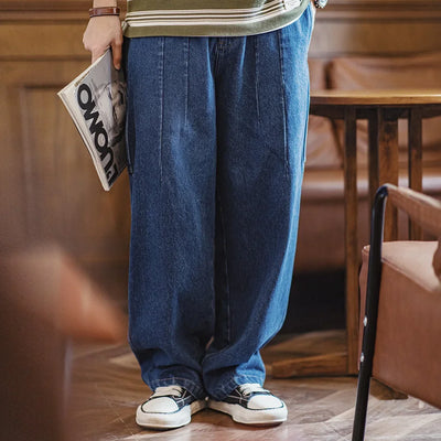 Maden Retro Heavyweight Washed Logging Jeans Loose with Pockets Elastic Waist Drawstring Design Solid Color Casual Trousers