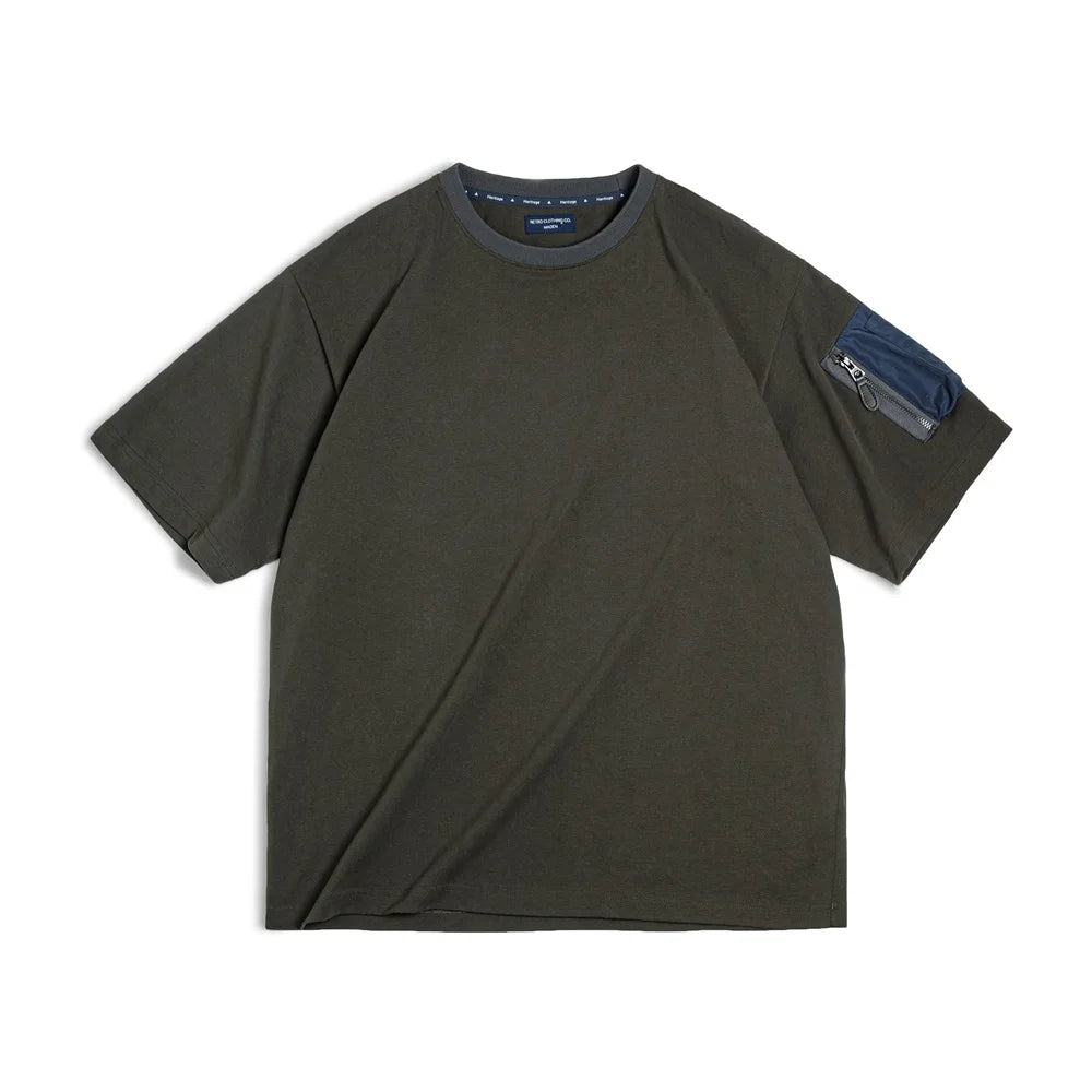 Maden Retro MA1 Pocket Ribbed Round Neck Pure Cotton Short-sleeved T-shirt Fashion Style Loose Silhouette for Men's Summer Tops