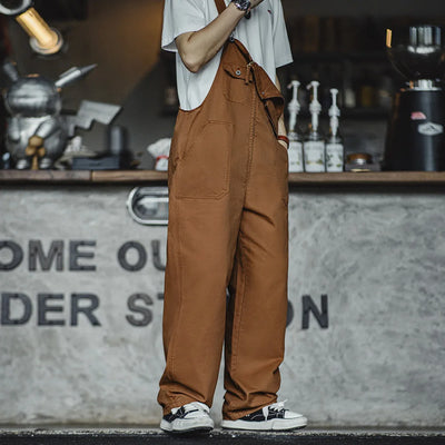 Maden Retro Overalls Casual Straight Jumpsuit for Men's Solid Color Spring and Autumn with Pocket Design Trousers